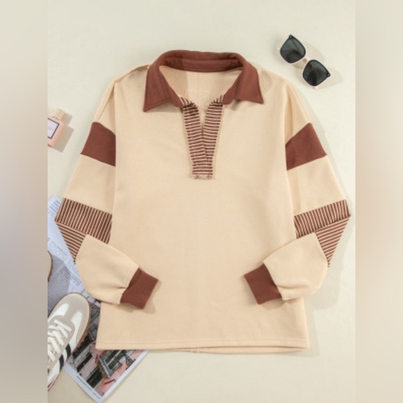 Vienna French beige striped colorblock patchwork sweatshirt - Picture 3 of 9
